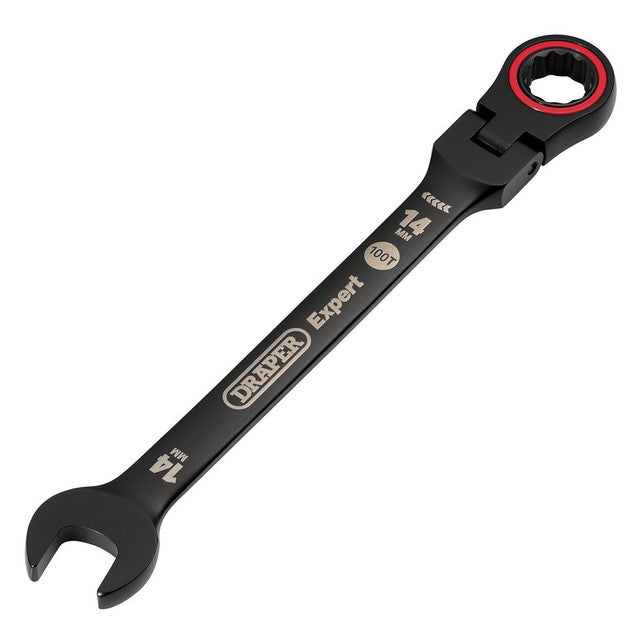 Draper Tools Expert HI-TORQ® Metric Flexible Head Ratchet Combination Spanner, 14mm, Black