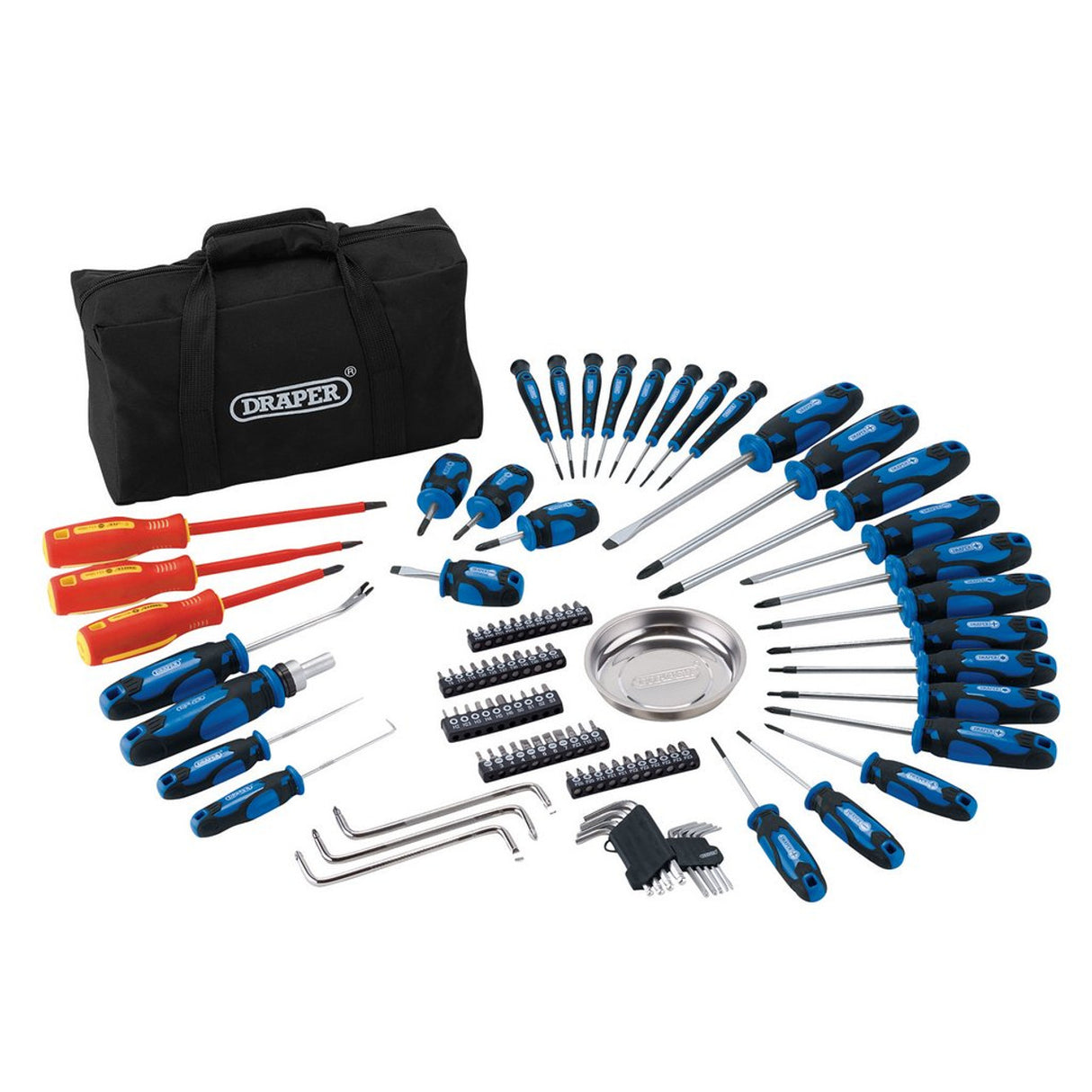 Draper Tools Screwdriver And Bit Set With Soft Storage Bag, Blue (100 Piece)