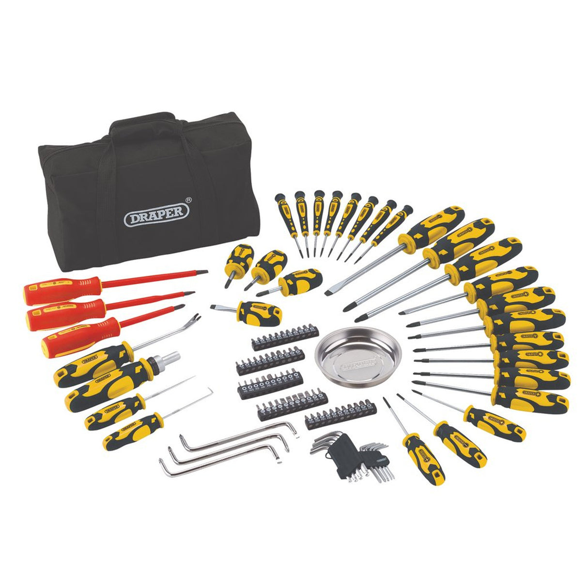 Draper Tools Screwdriver And Bit Set With Soft Storage Bag, Yellow (100 Piece)