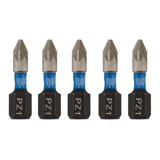 Draper Tools Expert PZ-Type Impact Screwdriver Bits, No.1 x 25mm, 1/4" Hex (Pack Of 5)