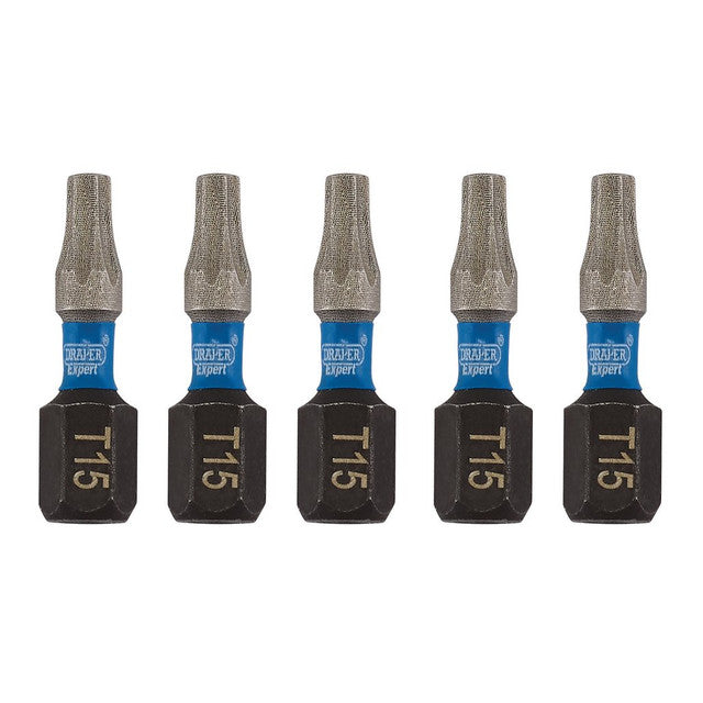 Draper Tools Expert TX-STAR® Impact Screwdriver Bits, T15 x 25mm, 1/4" Hex (Pack of 5)