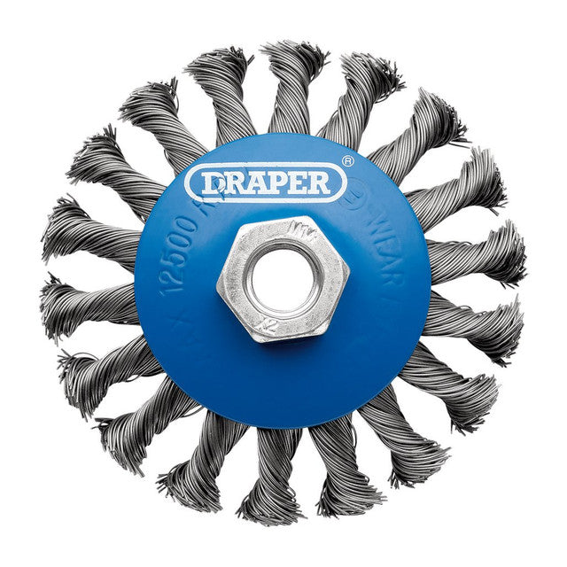 Draper Tools Steel Bevelled Twist-Knot Wire Wheel Brush, 100mm, M14