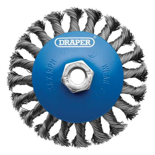 Draper Tools Steel Bevelled Twist-Knot Wire Wheel Brush, 115mm, M14