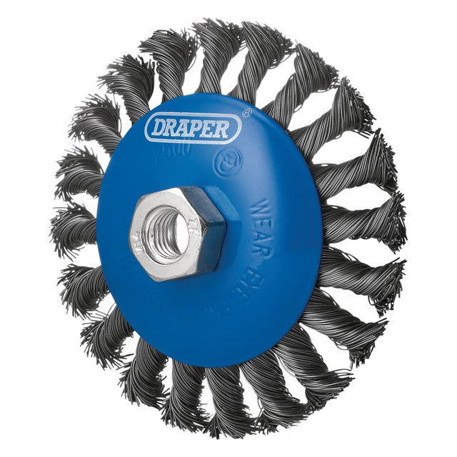 Draper Tools Steel Bevelled Twist-Knot Wire Wheel Brush, 115mm, M14