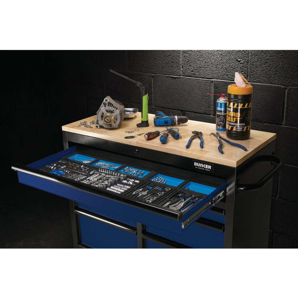 Draper Tools Bunker Workbench Roller Tool Cabinet, 7 Drawer, 41", Blue