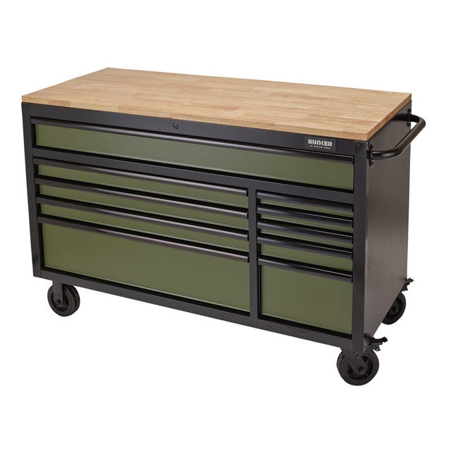 Draper Tools Bunker Workbench Roller Tool Cabinet, 10 Drawer, 56", Green