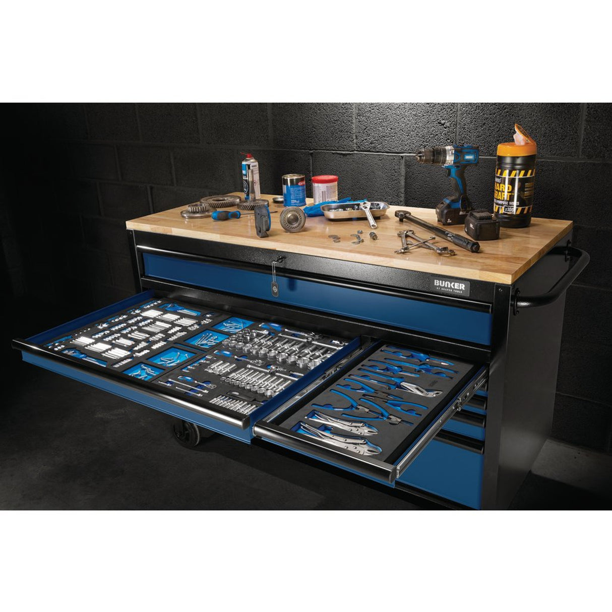 Draper Tools Bunker Workbench Roller Tool Cabinet, 10 Drawer, 56", Blue