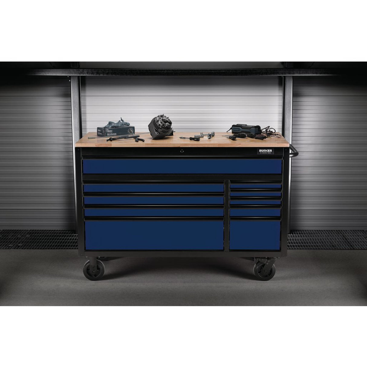 Draper Tools Bunker Workbench Roller Tool Cabinet, 10 Drawer, 56", Blue