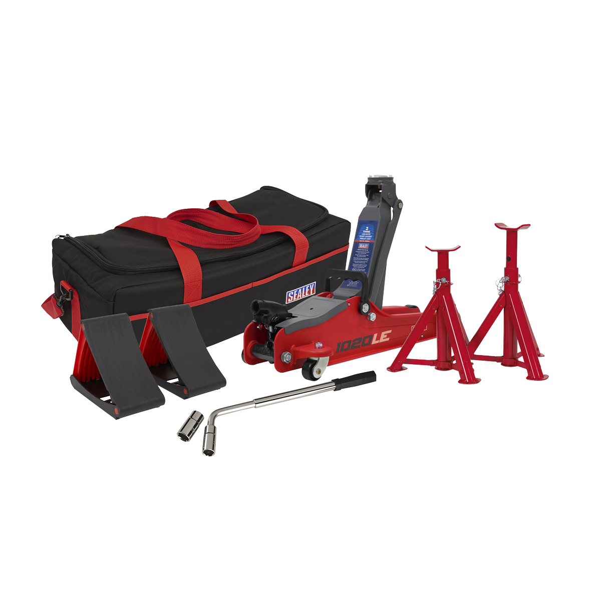 Sealey Trolley Jack 2 Tonne Low Entry Short Chassis & Accessories Bag Combo - Red