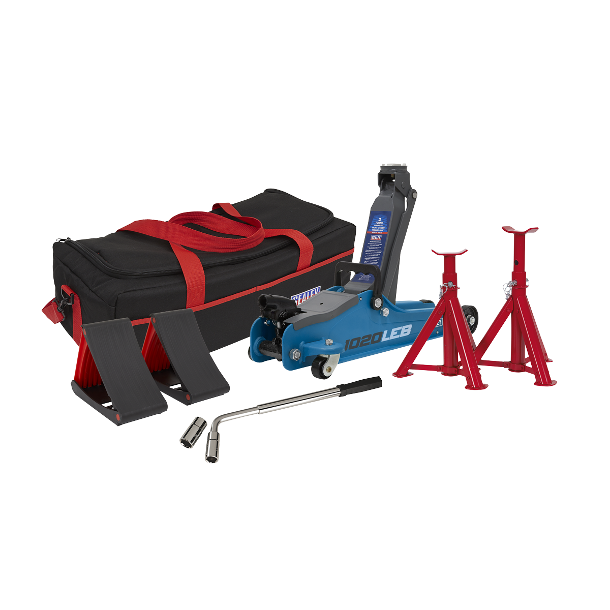 Sealey Trolley Jack 2 Tonne Low Entry Short Chassis & Accessories Bag Combo - Blue