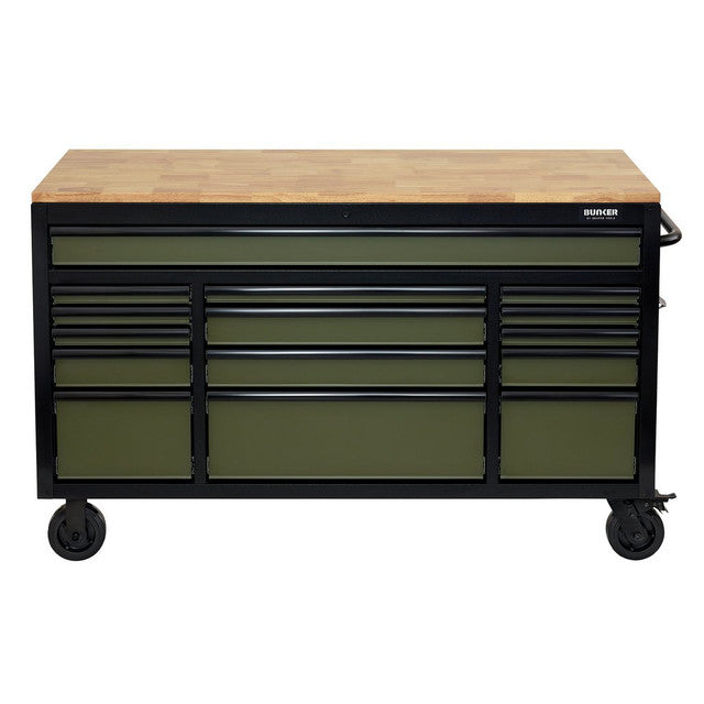 Draper Tools Bunker Workbench Roller Tool Cabinet, 15 Drawer, 61", Green