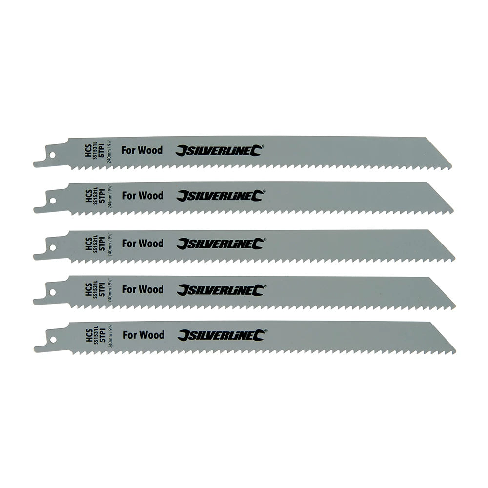 Silverline Reciprocating Saw Blades For Wood 5Pk - HCS - 5tpi - 240mm