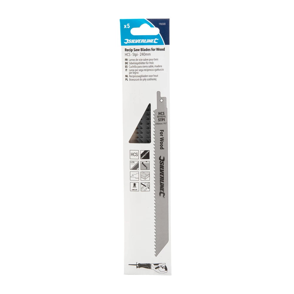 Silverline Reciprocating Saw Blades For Wood 5Pk - HCS - 5tpi - 240mm