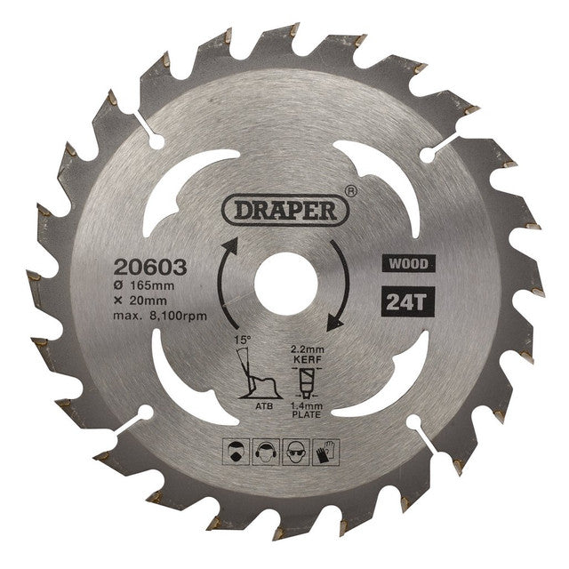 Draper Tools TCT Circular Saw Blade for Wood, 165 x 20mm, 24T