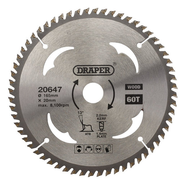 Draper Tools TCT Circular Saw Blade For Wood, 165 x 20mm, 60T