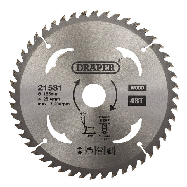 Draper Tools TCT Circular Saw Blade For Wood, 185 x 25.4mm, 48T