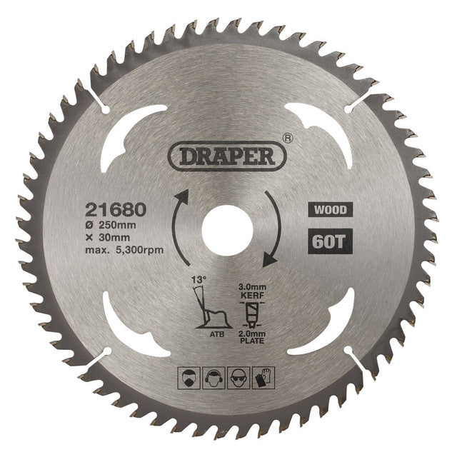 Draper Tools TCT Circular Saw Blade For Wood, 250 x 30mm, 60T