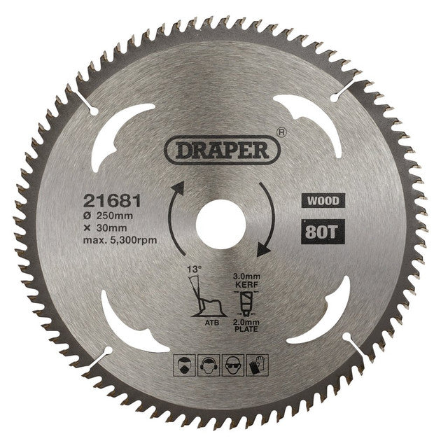 Draper Tools TCT Circular Saw Blade For Wood, 250 x 30mm, 80T