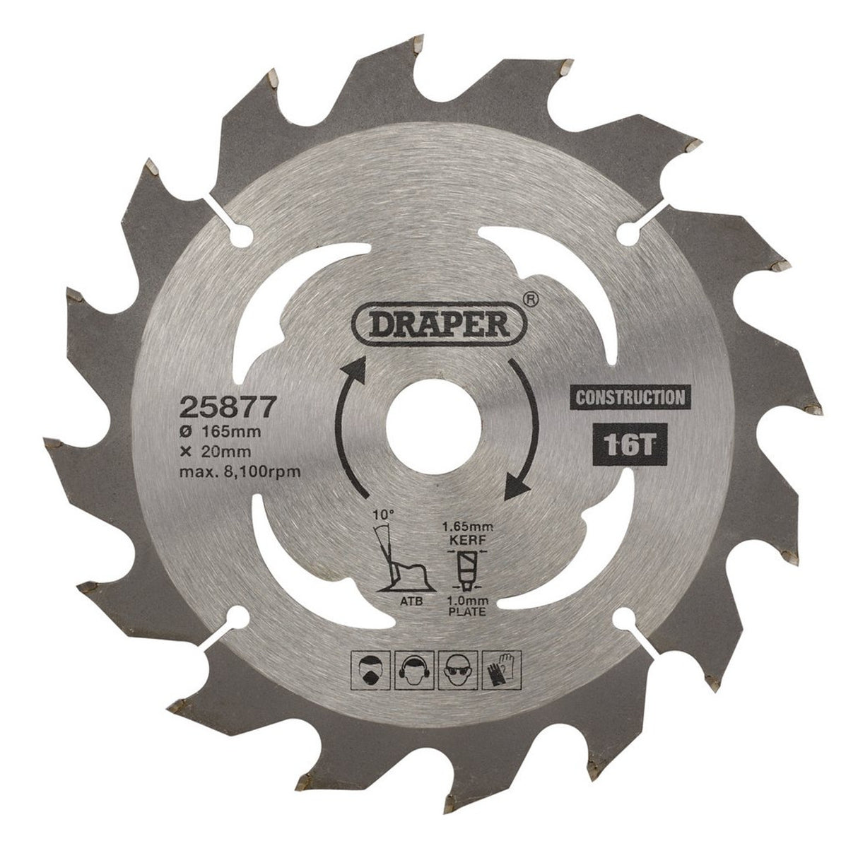 Draper Tools TCT Cordless Construction Circular Saw Blade For Wood & Composites, 165 x 20mm, 16T