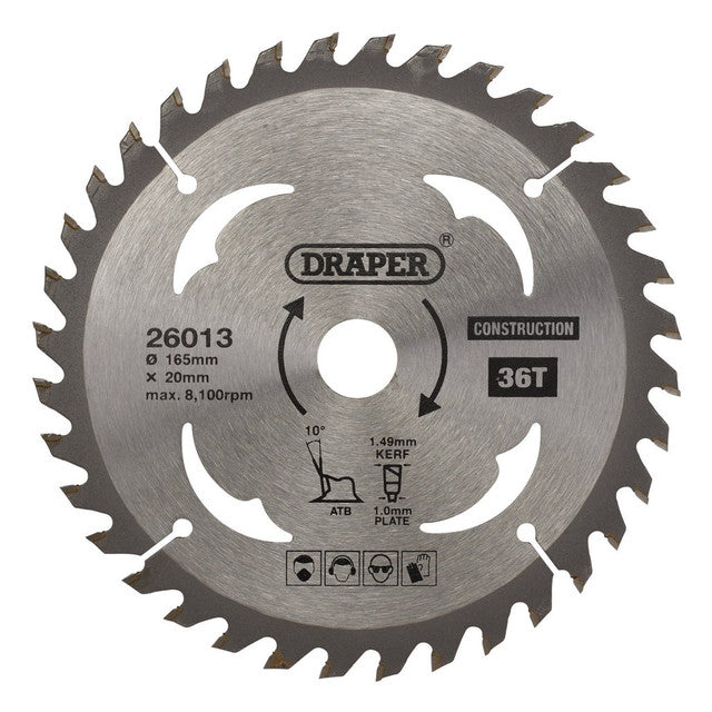 Draper Tools TCT Cordless Construction Circular Saw Blade For Wood & Composites, 165 x 20mm, 36T