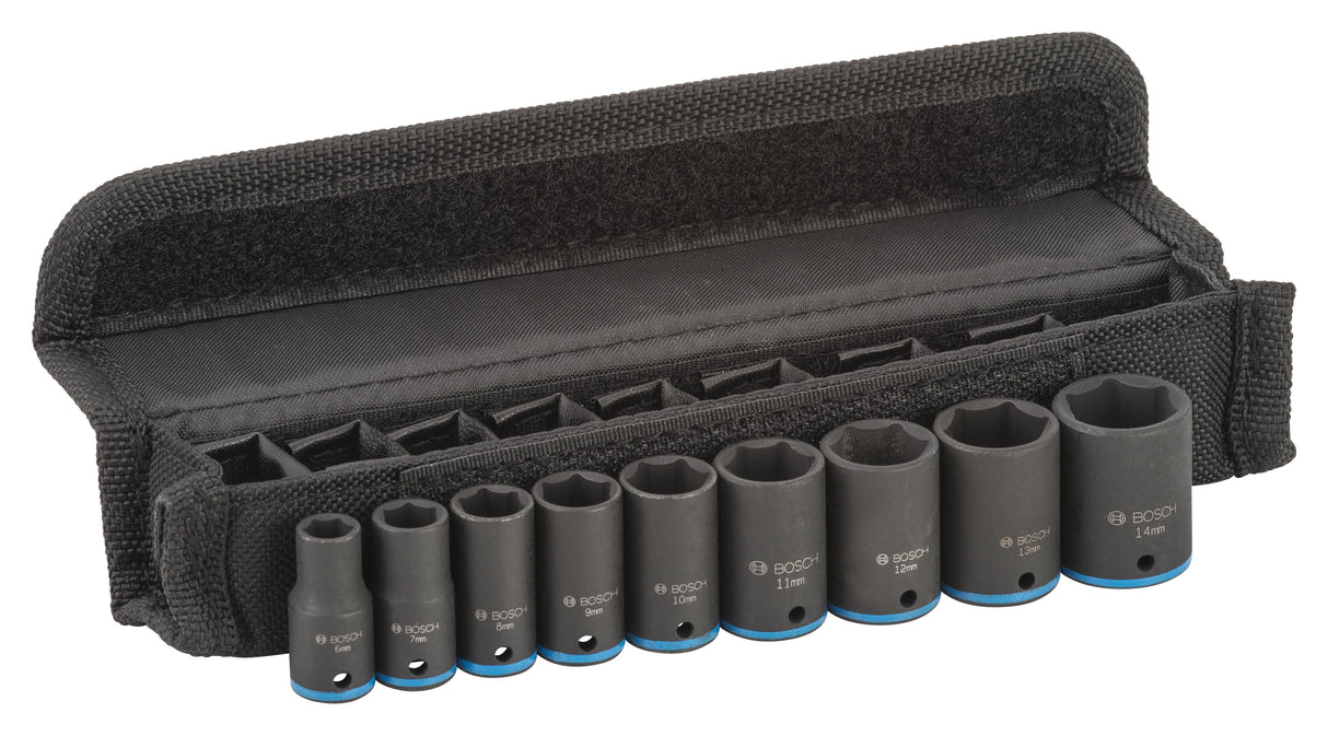 Bosch Professional Socket Wrench - 9 Piece Set (1/4" Drive) - Sizes 6-14mm - Length 25mm
