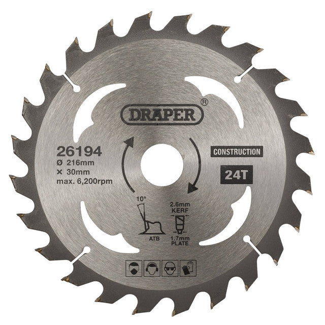 Draper Tools TCT Construction Circular Saw Blade, 216 x 30mm, 24T