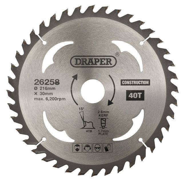 Draper Tools TCT Construction Circular Saw Blade, 216 x 30mm, 40T