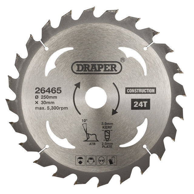 Draper Tools TCT Construction Circular Saw Blade, 250 x 30mm, 24T