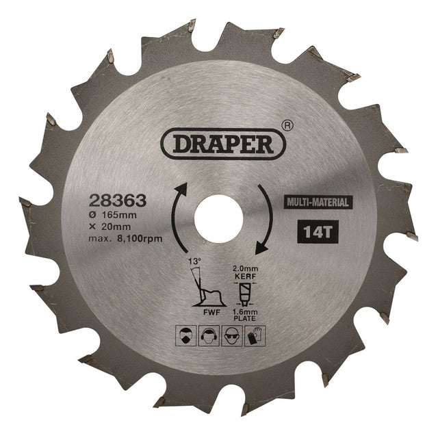 Draper Tools TCT Multi-Purpose Circular Saw Blade, 165 x 20mm, 14T