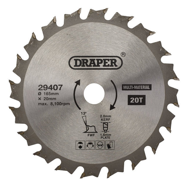 Draper Tools TCT Multi-Purpose Circular Saw Blade, 165 x 20mm, 20T