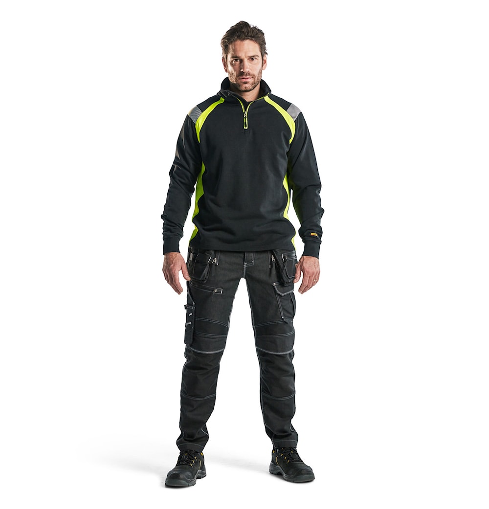 Blaklader Sweatshirt with Half Zip 3432 #colour_black-hi-vis-yellow