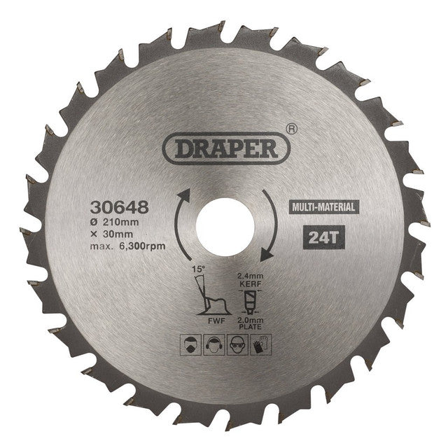 Draper Tools TCT Multi-Purpose Circular Saw Blade, 210 x 30mm, 24T