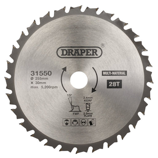 Draper Tools TCT Multi-Purpose Circular Saw Blade, 255 x 30mm, 28T