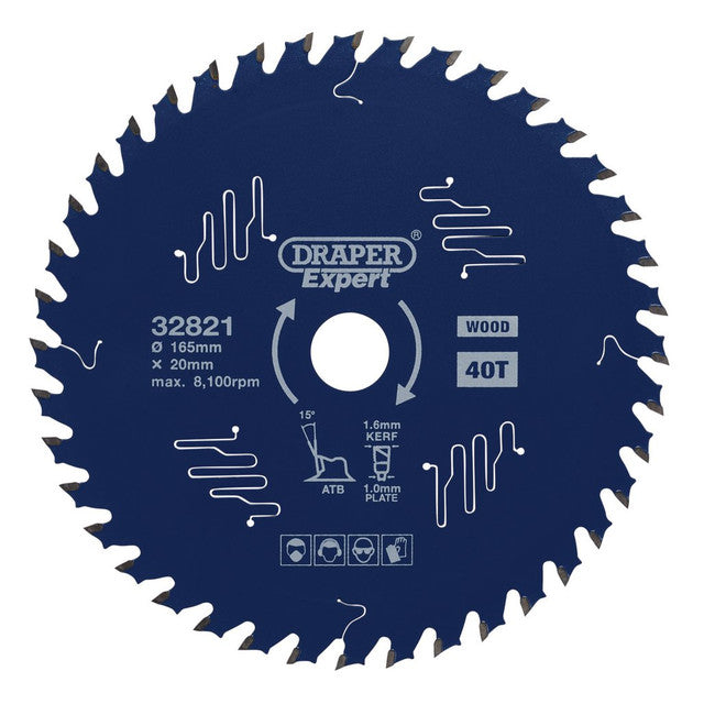 Draper Tools Expert TCT Circular Saw Blade For Wood With PTFE Coating, 165 x 20mm, 40T