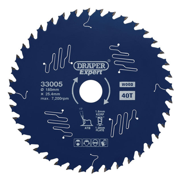 Draper Tools Expert TCT Circular Saw Blade For Wood With PTFE Coating, 185 x 25.4mm, 40T