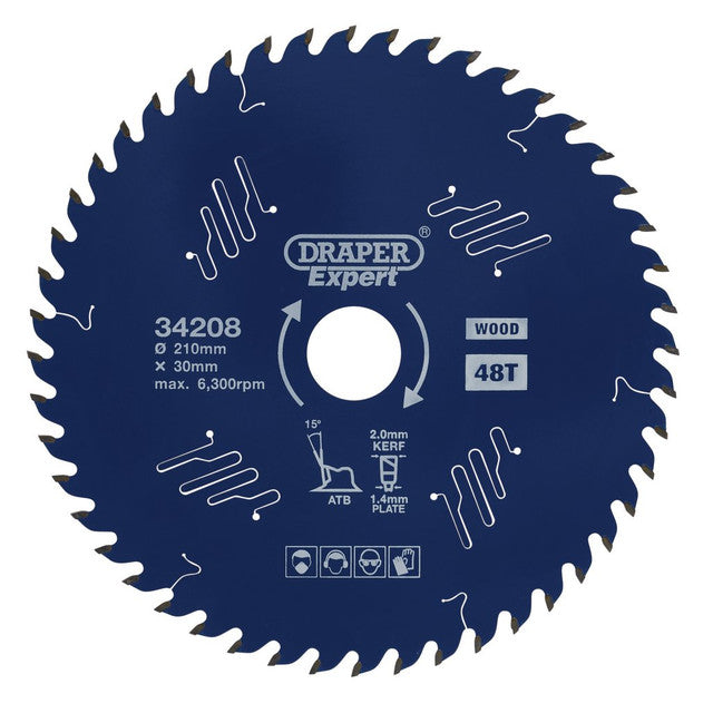 Draper Tools Expert TCT Circular Saw Blade For Wood With PTFE Coating, 210 x 30mm, 48T