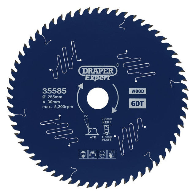 Draper Tools Expert TCT Circular Saw Blade For Wood With PTFE Coating, 255 x 30mm, 60T