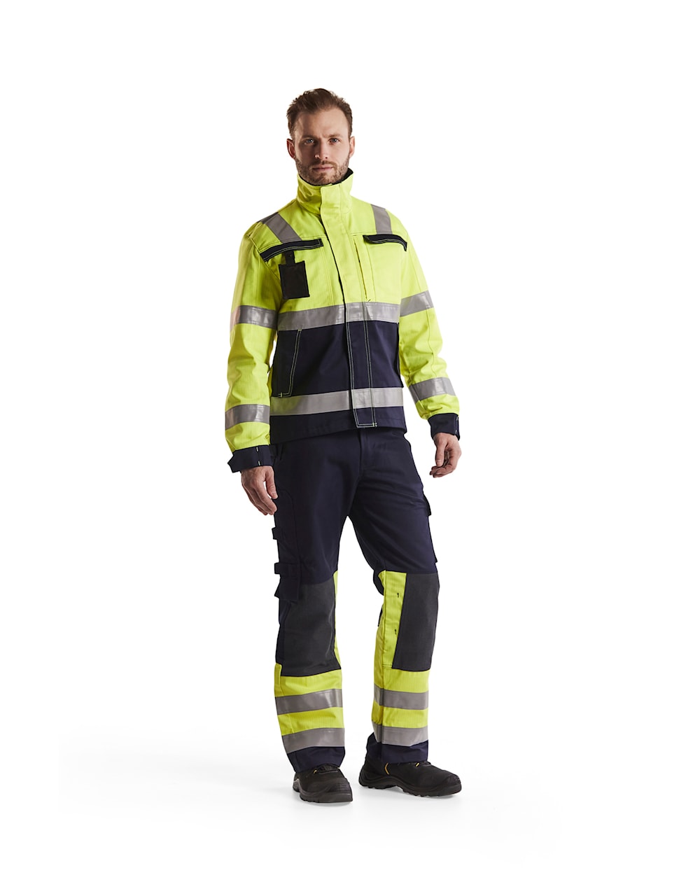 Blaklader Multinorm Trousers 1478 #colour_navy-blue-hi-vis-yellow