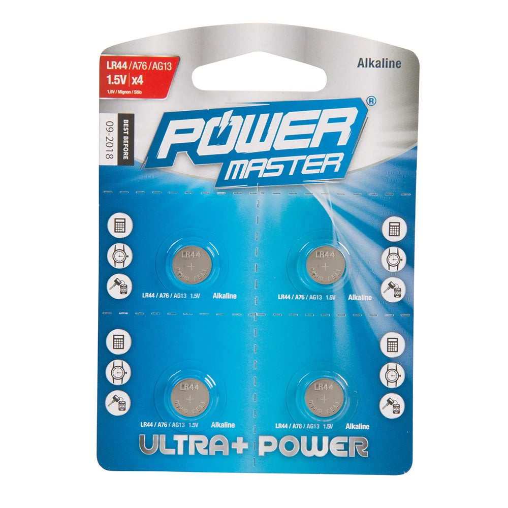 Powermaster Alkaline Button Cell Battery LR44 4pk