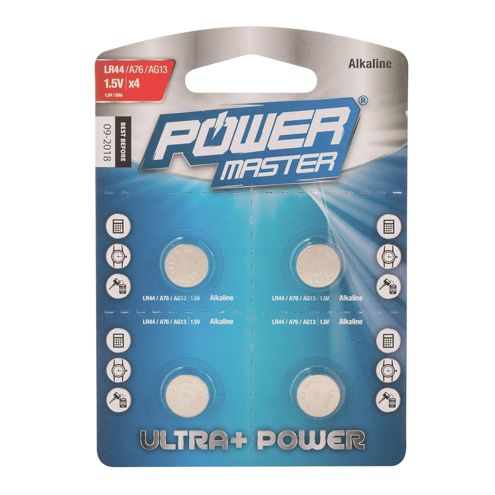 Powermaster Alkaline Button Cell Battery LR44 4pk