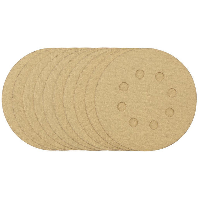 Draper Tools Gold Sanding Discs With Hook & Loop, 125mm, 180 Grit, 8 Dust Extraction Holes (Pack Of 10)