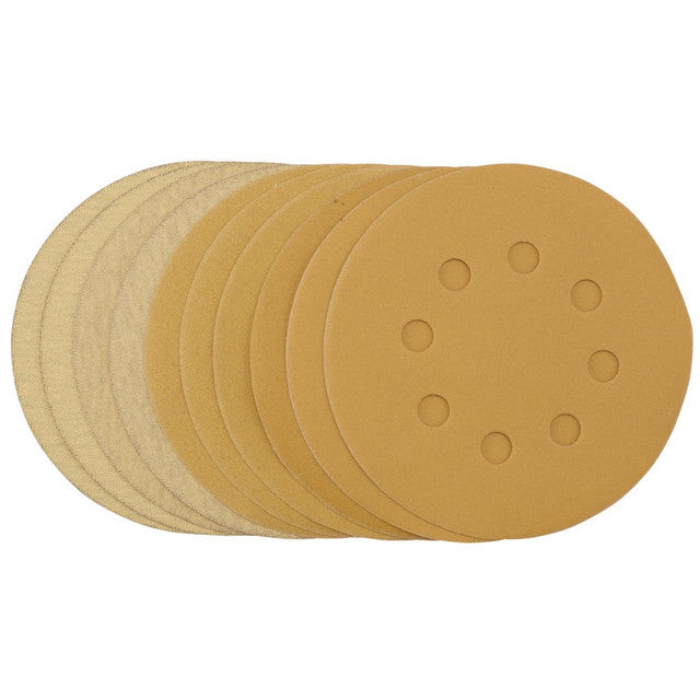 Draper Tools Gold Sanding Discs With Hook & Loop, 125mm, Assorted Grit - 120G, 180G, 240G, 320G, 400G, 8 Dust Extraction Holes (Pack Of 10)