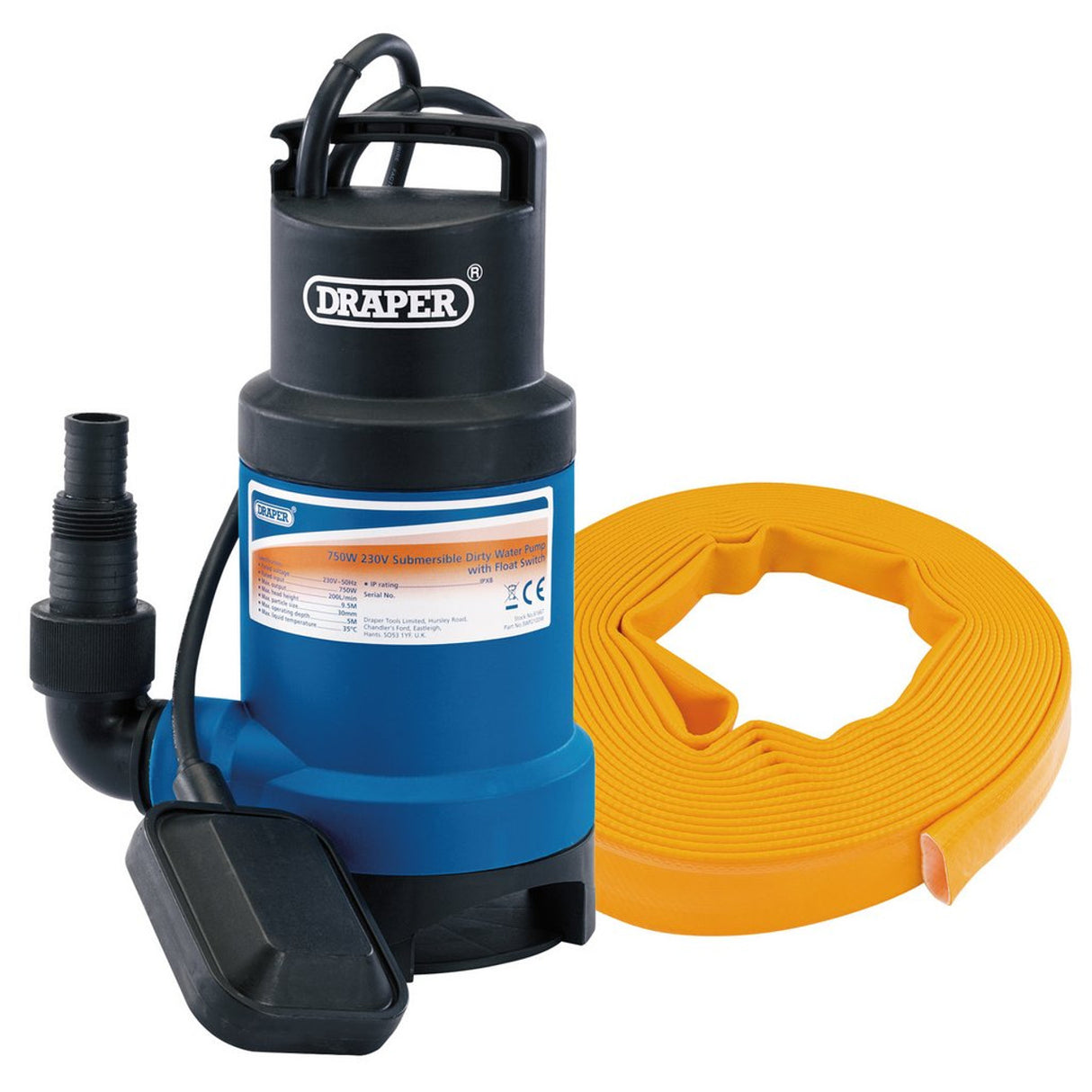 Draper Tools Submersible Dirty Water Pump Kit With Lay-flat Hose & Adaptor, 200L/Min, 10M x 25mm, 350W