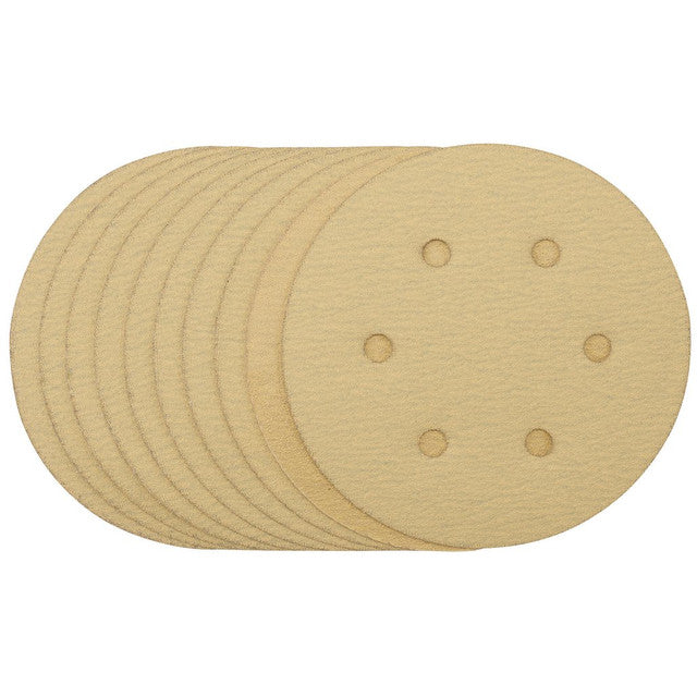 Draper Tools Gold Sanding Discs With Hook & Loop, 150mm, 120 Grit, 6 Dust Extraction Holes (Pack Of 10) (Pack Of 10)