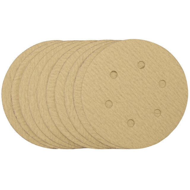 Draper Tools Gold Sanding Discs With Hook & Loop, 150mm, 180 Grit, 6 Dust Extraction Holes (Pack Of 10)