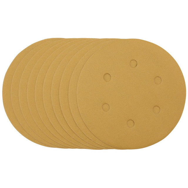 Draper Tools Gold Sanding Discs With Hook & Loop, 150mm, 320 Grit, 6 Dust Extraction Holes (Pack Of 10)