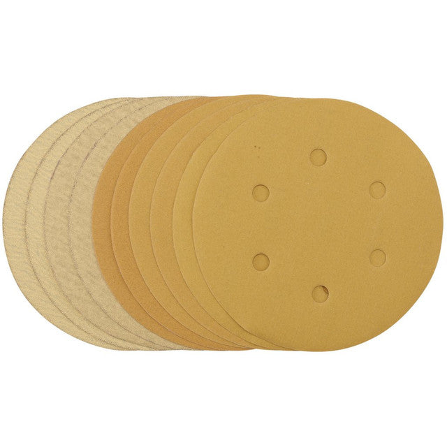 Draper Tools Gold Sanding Discs With Hook & Loop, 150mm, Assorted Grit - 120G, 180G, 240G, 320G, 400G, 6 Dust Extraction Holes (Pack Of 10)