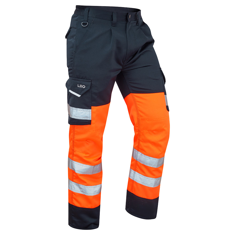 Leo Workwear BIDEFORD Leo EcoViz Poly/Cotton Cargo Trouser - Hi-Vis Orange/Navy