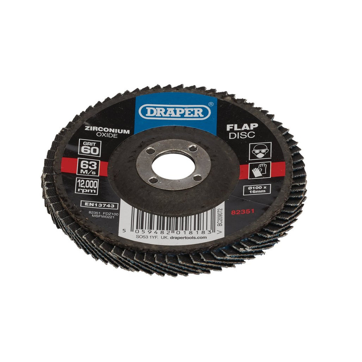 Draper Tools Zirconium Oxide Flap Disc, 100 x 16mm, 60 Grit