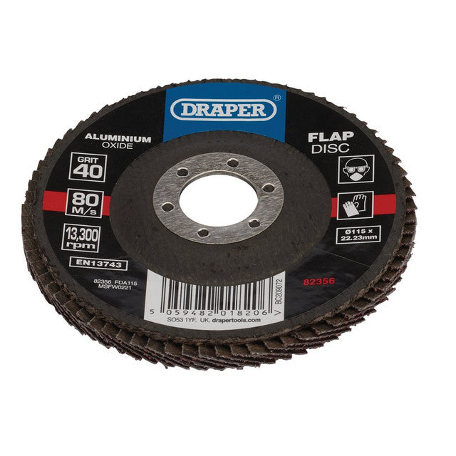 Draper Tools Aluminium Oxide Flap Disc, 115 x 22.23mm, 40 Grit